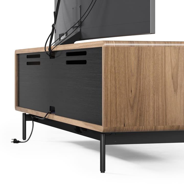 LINQ 65 media cabinet with glass doors Low Console rear view showing ventilated back panel and cable management channels