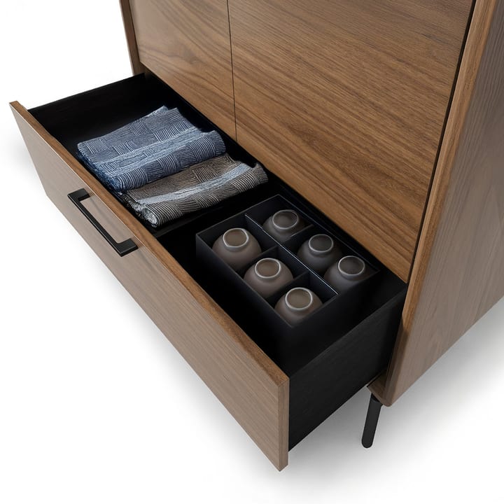 BDI LINQ 7585 walnut entryway cabinet with open storage drawer and textured black interior,
