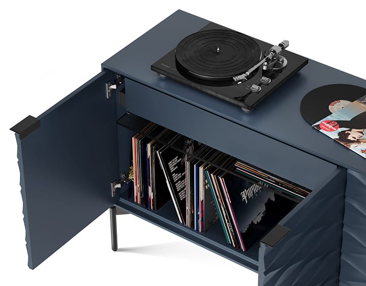 Ripple credenza 7629 BDI ocean brushed carbon modern storage console detail record player 720