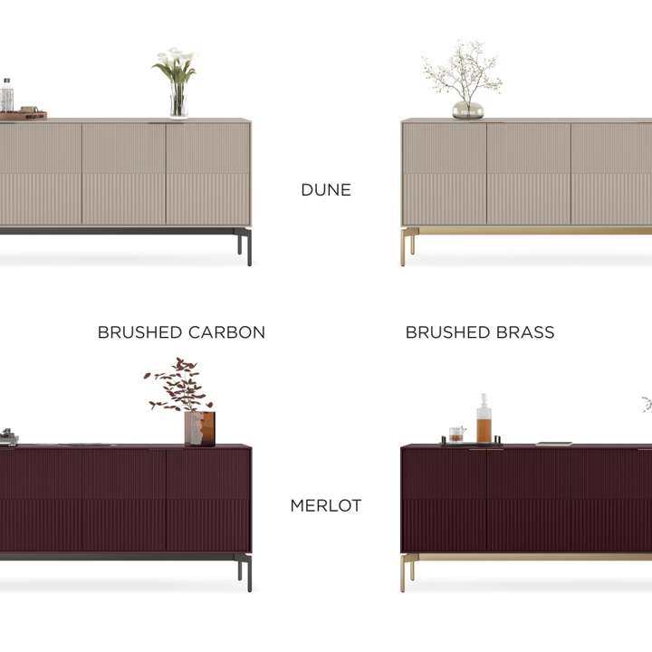 Zig credenza shown in two finishes—Dune and Merlot—with base options in Brushed Carbon and Brushed Brass.