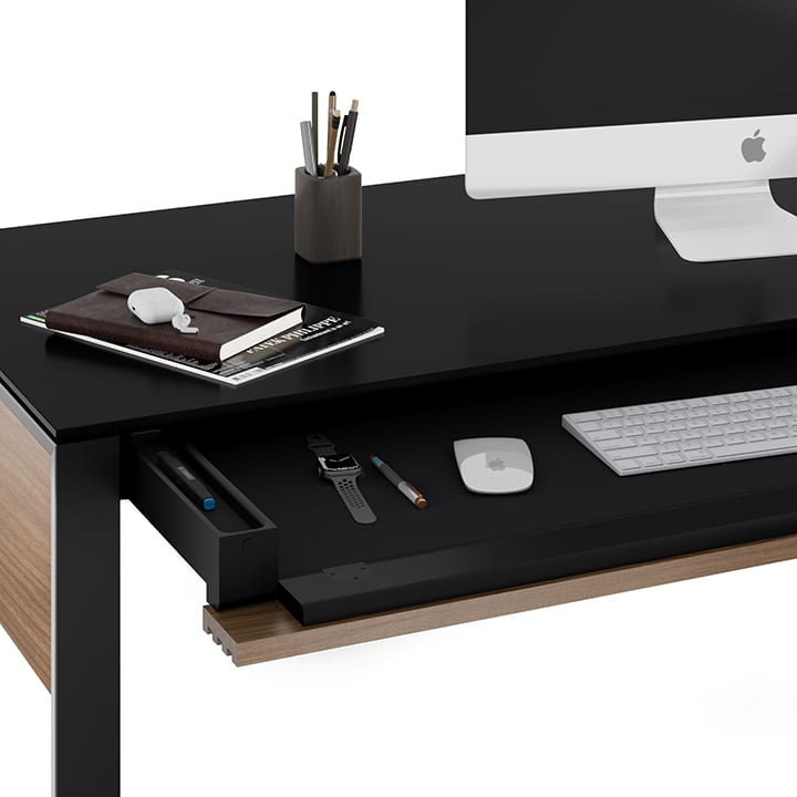 Corridor desk 6501 BDI natural walnut open keyboard storage drawer 720
