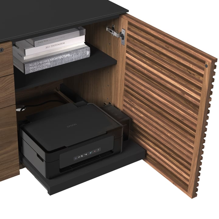 Printer tray and adjustable shelf on the BDI Corridor 6531 L-Shaped Desk.
