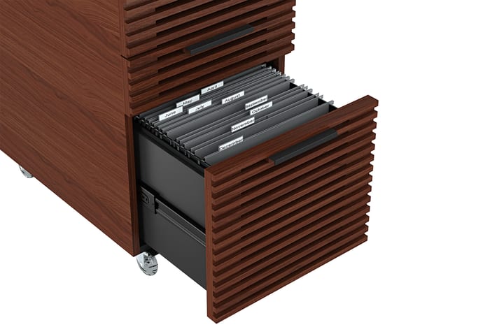 Adjustable hanging file storage for letter or legal files.
