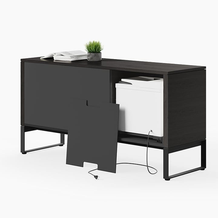 A removable access panel behind the Linea 6220 multifunction cabinet's printer compartment can be left off for oversized printers.