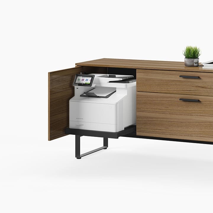 Linea 6220 multifunction storage cabinet, shown in Natural Walnut finish, can accommodate a large printer with the adjustable shelf removed.