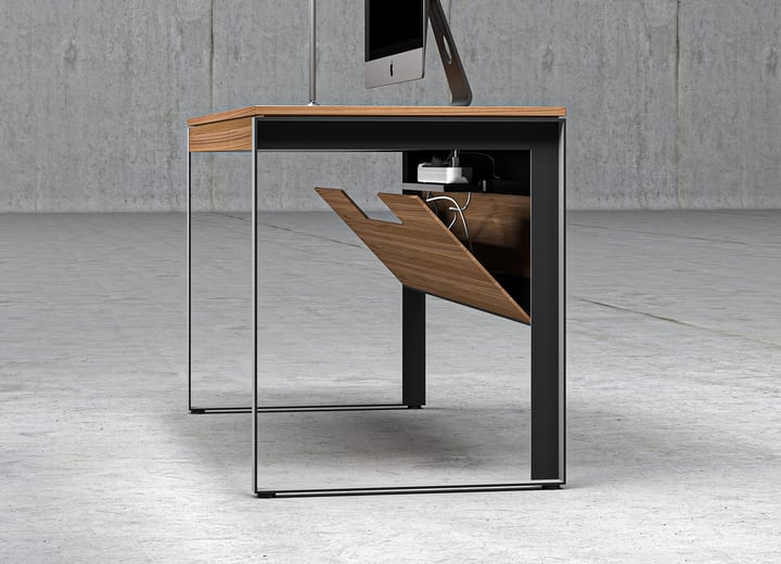 Linea 6221 modern office desk, featuring an easy-access front and rear panels conceal cords and cables and can be tilted down for convenient access to all of your connections.