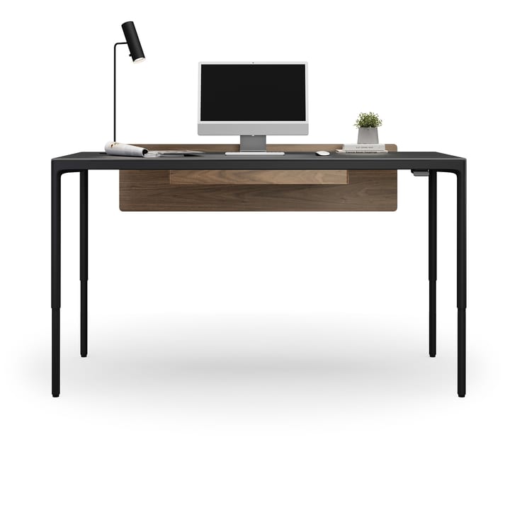 BDI Luma 6763 standing desk shown with optional Adjustable Back Panel and Keyboard + Storage Drawer accessories.