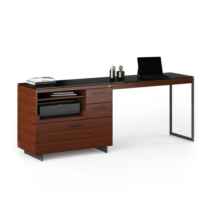 Sequel Return by BDI attached to the Sequel 6117 multi-function cabinet to create a slim workstation with ample storage for a printer and files.