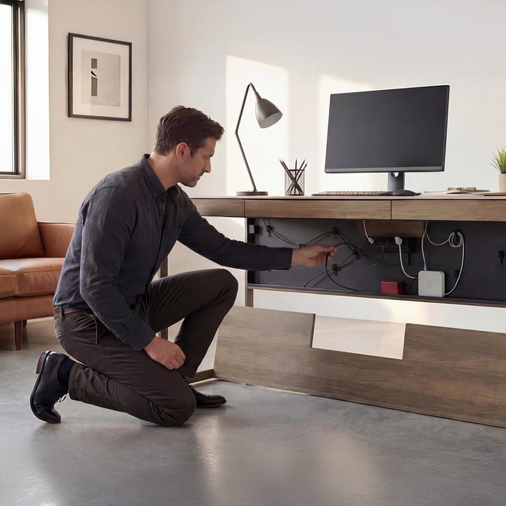 BDI Sequel Studio 6601 desk integrated power and USB port access behind panel.
