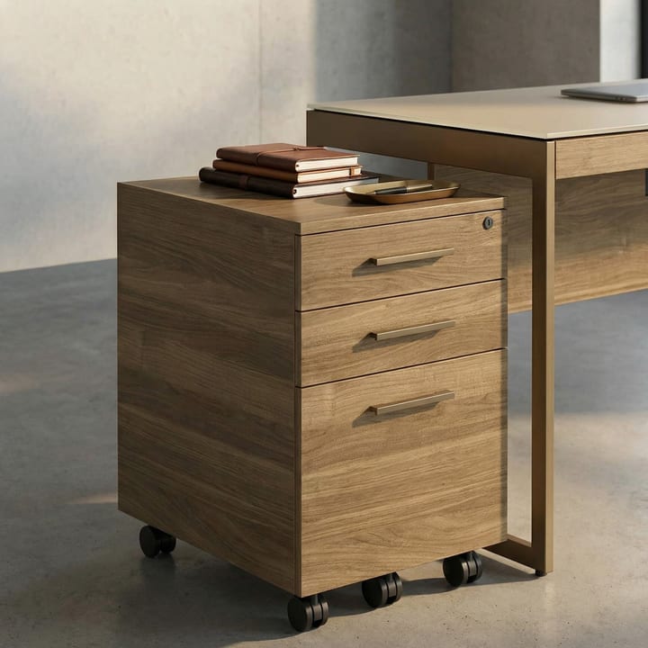 BDI Sequel Studio 6607 storage cabinet in Neo Walnut / Bronze integrated into modern home office.