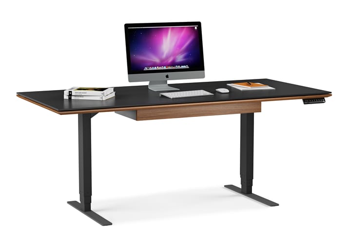 Optional flip-down keyboard and storage drawer for Sequel Lift standing desks 6151 and 6152 by BDI furniture.