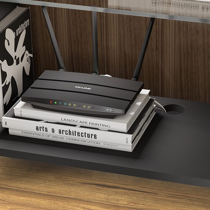 Linea modern shelf by BDI, featuring a cable management and cord cut out.