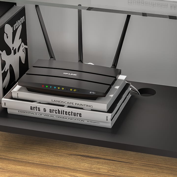 A generous cut-out in the lower shelf of the Linea's storage cabinet allows for organized connections and out-of-sight cord management.