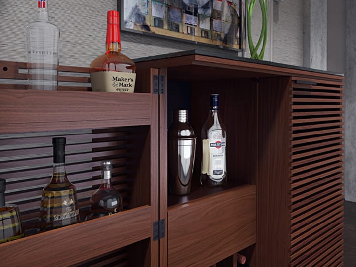 BDI Corridor Bar cabinet, with one louvered door open revealing bottle storage.