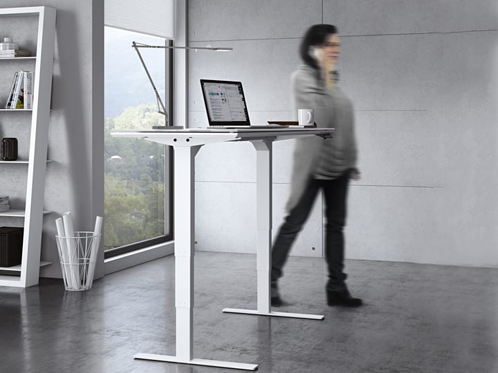Centro Lift Standing Desk by BDI, features a satin white base, and a grey satin etched desktop surface.