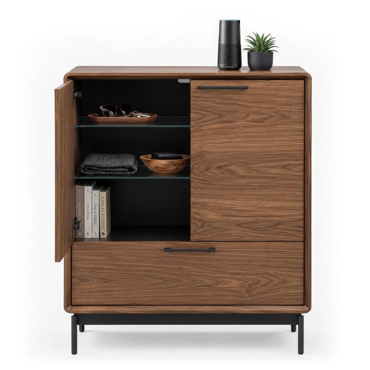 BDI LINQ 7585 entryway storage cabinet in walnut with glass shelves, soft-close doors, and drawer storage.