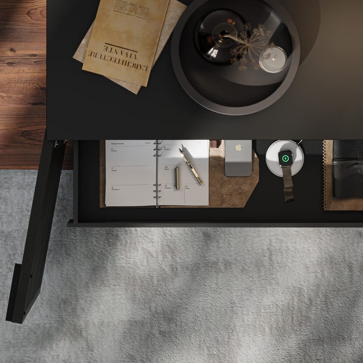 Top-down view of the modern BDI Corridor 8109 storage credenza with organized drawer storage, keeping everyday work and tech essentials neatly contained.