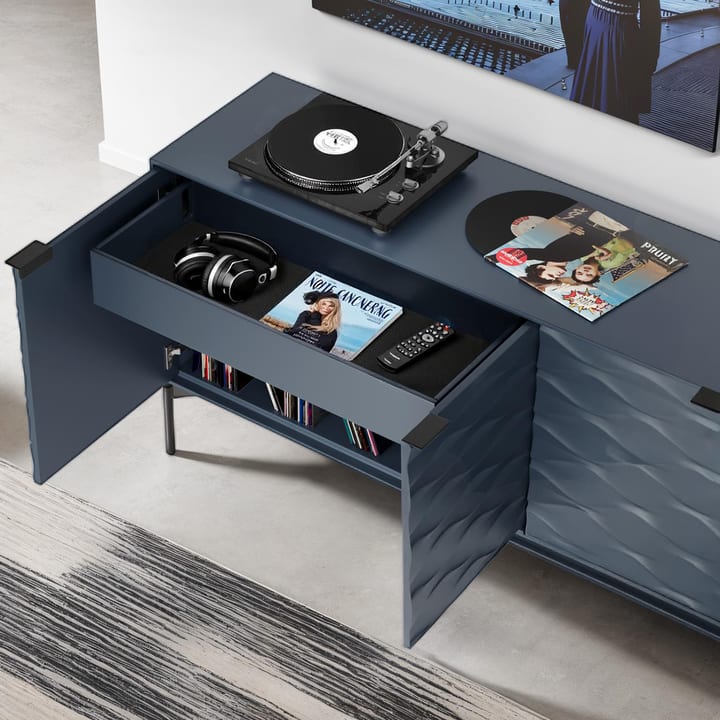BDI Ripple storage and media cabinet with a sliding top and concealed drawer, designed to keep everyday items organized and easy to access.