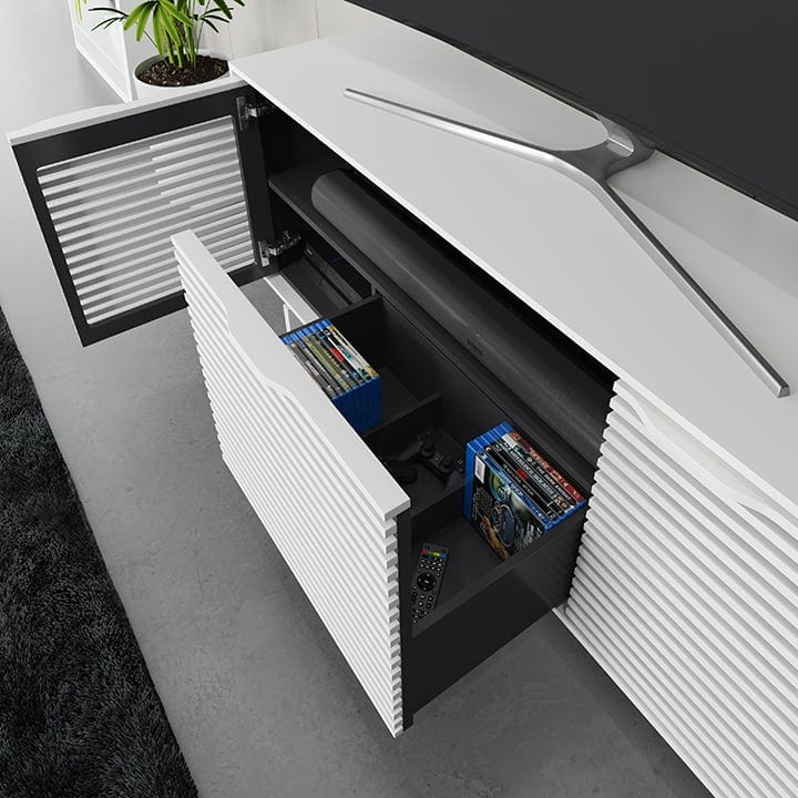 Align modern TV stand by BDI in Satin White finish, featuring a media drawer that slides open.