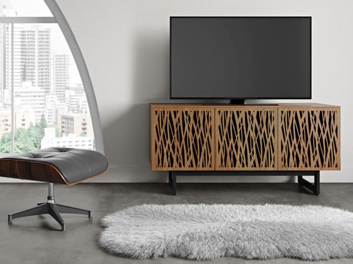 Elements 8777-ME TV stand with wheat pattern laser-cut doors, in a Natural Walnut finish.