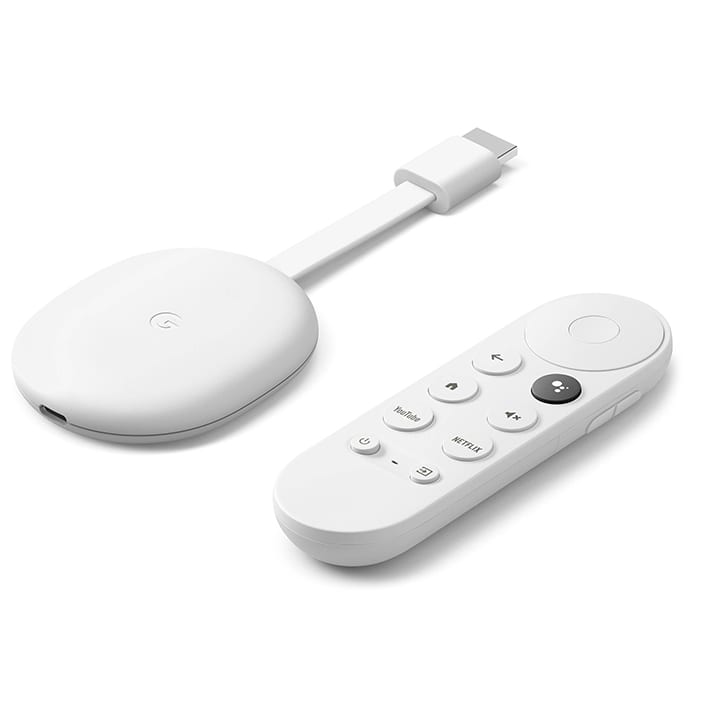 Image of the Chromecast with Google TV streaming device in white.