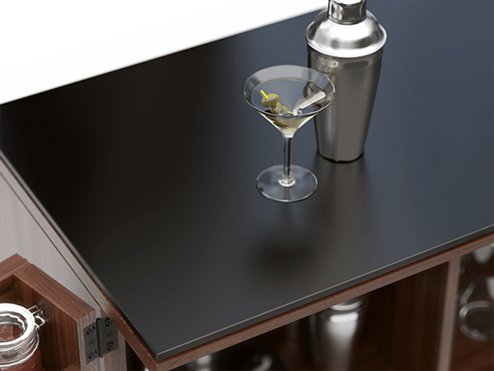 Satin etched black glass top of the Corridor 5620 home bar by BDI Furniture.