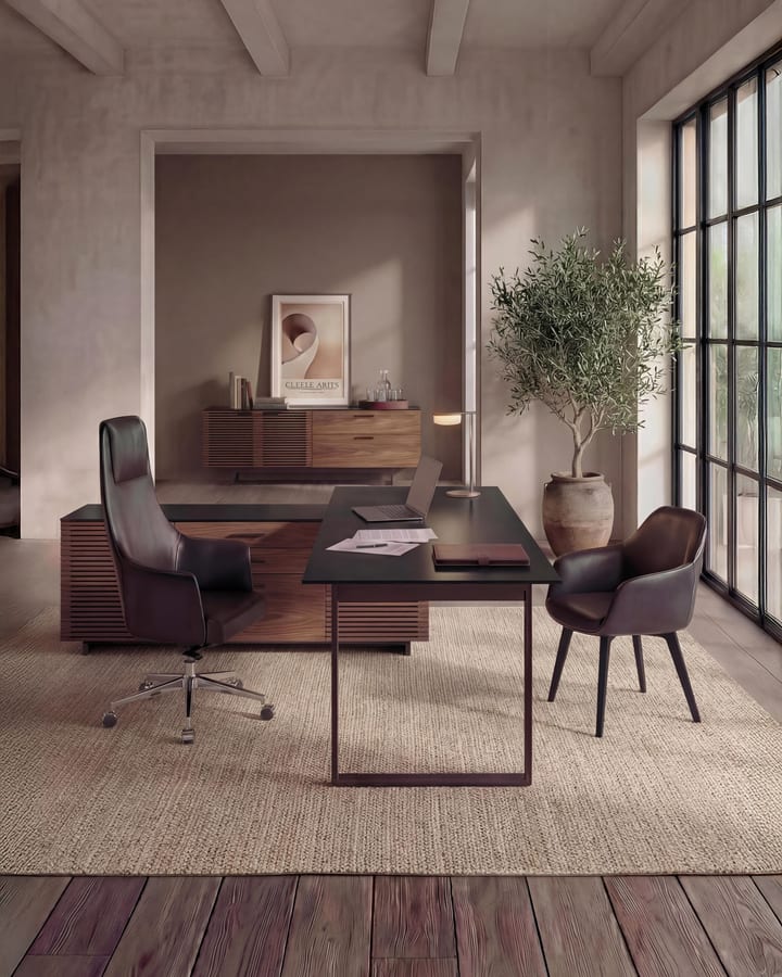 BDI Corridor L-shaped desk with matching natural walnut storage credenza in a modern office setting.