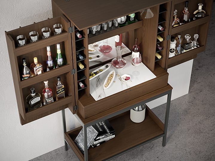 BDI Cosmo Bar with doors open, revealing ample bar storage for wine bottles, liquor, and other accessories.