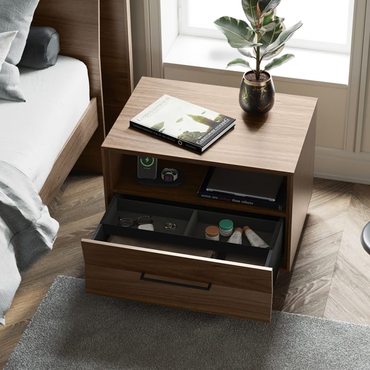 Modern BDI Kava bedroom collection nightstand with built-in drawer and removable storage tray, keeping bedside essentials organized and easy to access.