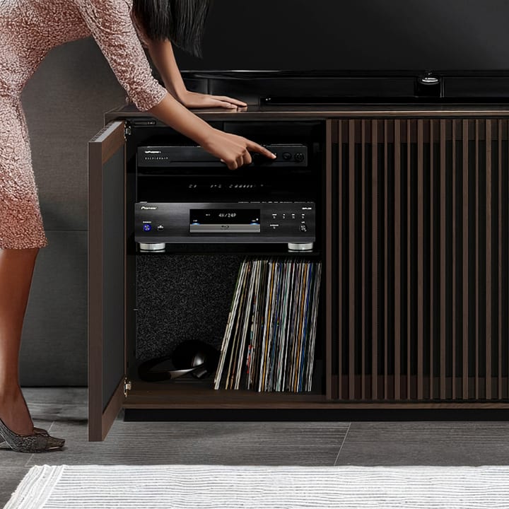 BDI Profile media and storage credenza with organized vinyl records and audio components, keeping entertainment essentials accessible and neatly contained.