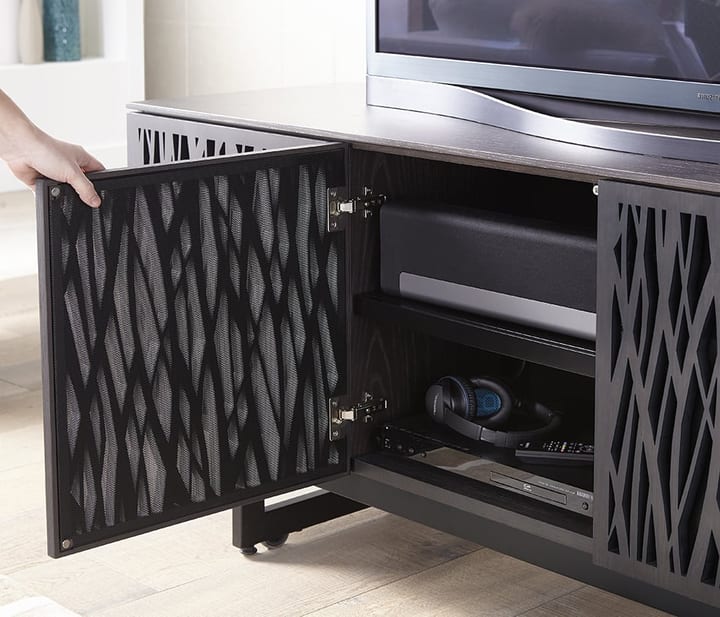 BDI Elements 8779 TV stand, featuring a dedicated sound bar shelf, ideal for console gaming setups.