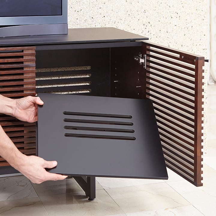 BDI TV stands include ventilated shelves, doors, base, and rear panels.