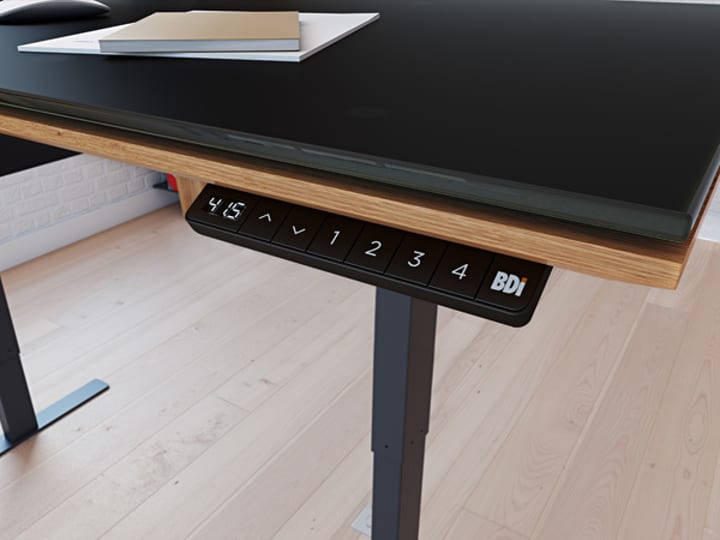 The BDI-designed keypad can save various height settings for multiple users and can be installed on either the left or right side of the desk.