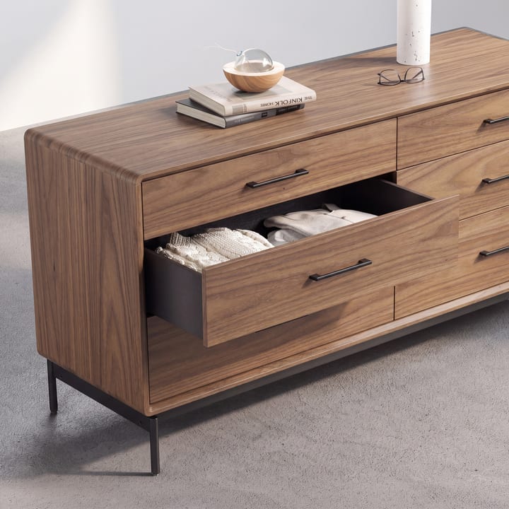 six drawer dresser with one drawer open natural walnut bedroom furniture