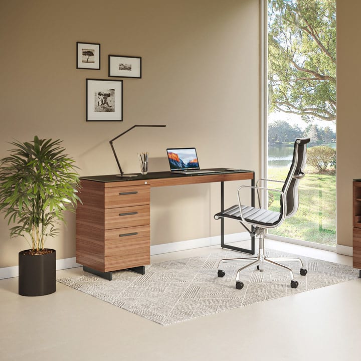 BDI Sequel 6112 office return attached to the 6114 3 drawer file cabinet to create a small home office and laptop desk.