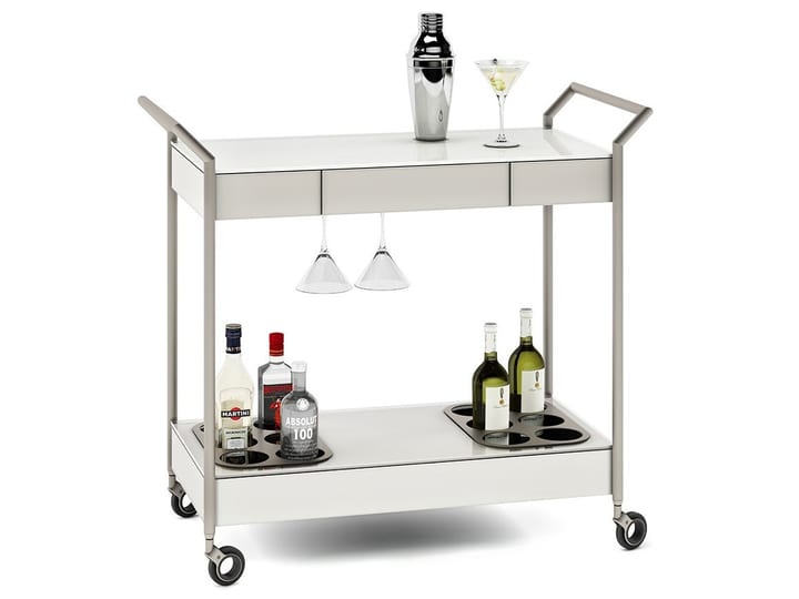 The Verra mobile bar by BDI Furniture in oyster finish is stocked with spirits and other alcoholic beverages against a stark white background.