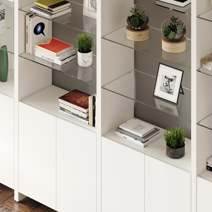 Linea modern shelf shelving system BDI glass shelf detail White split 720